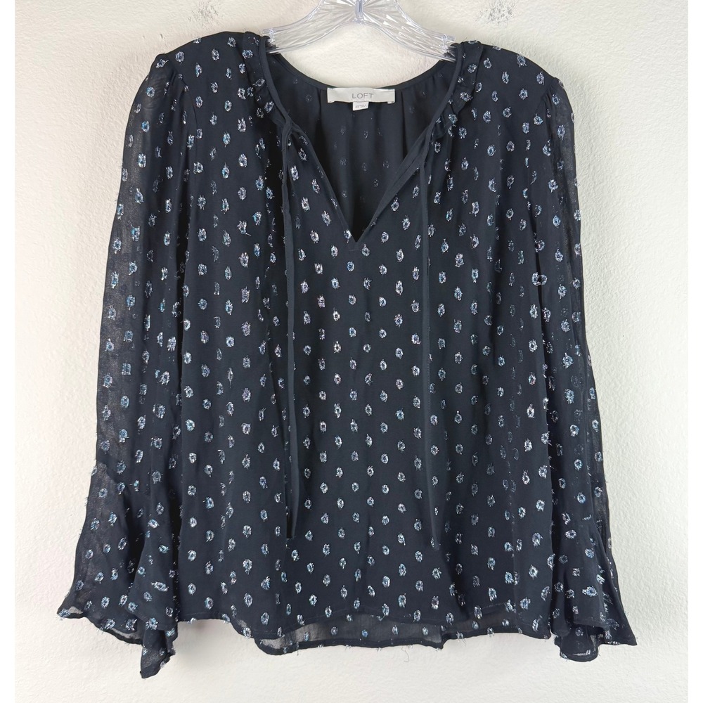 LOFT Blouse Women XS Black Metallic Blue Clip Dot Split Neck Tie Long Sleeve